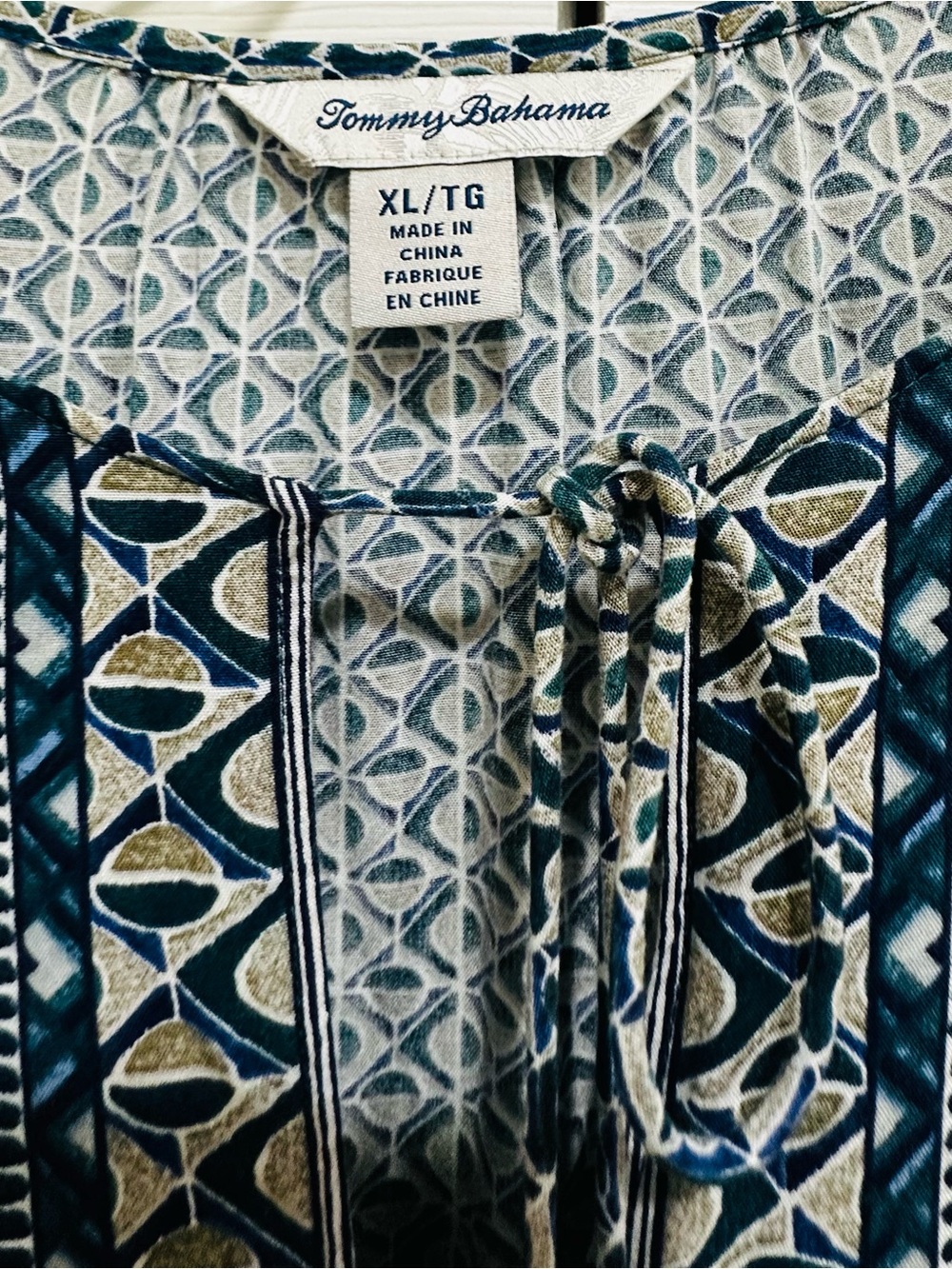 Tommy Bahama Geometric Tie-Front Blouse in Teal, Olive & Cream